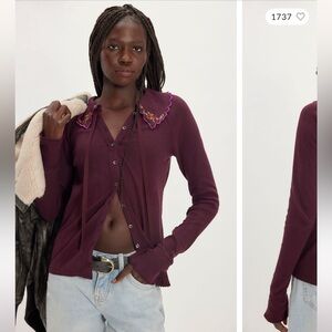 Free People Juniper Long Sleeve Cardi Embroidered Collar Pointelle Top L